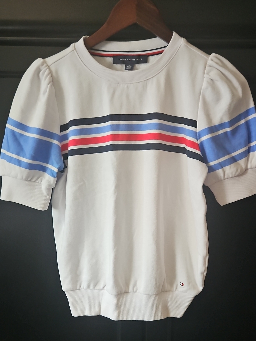 Tommy Hilfiger Sporty White Short Puff Sleeve Stripe Top